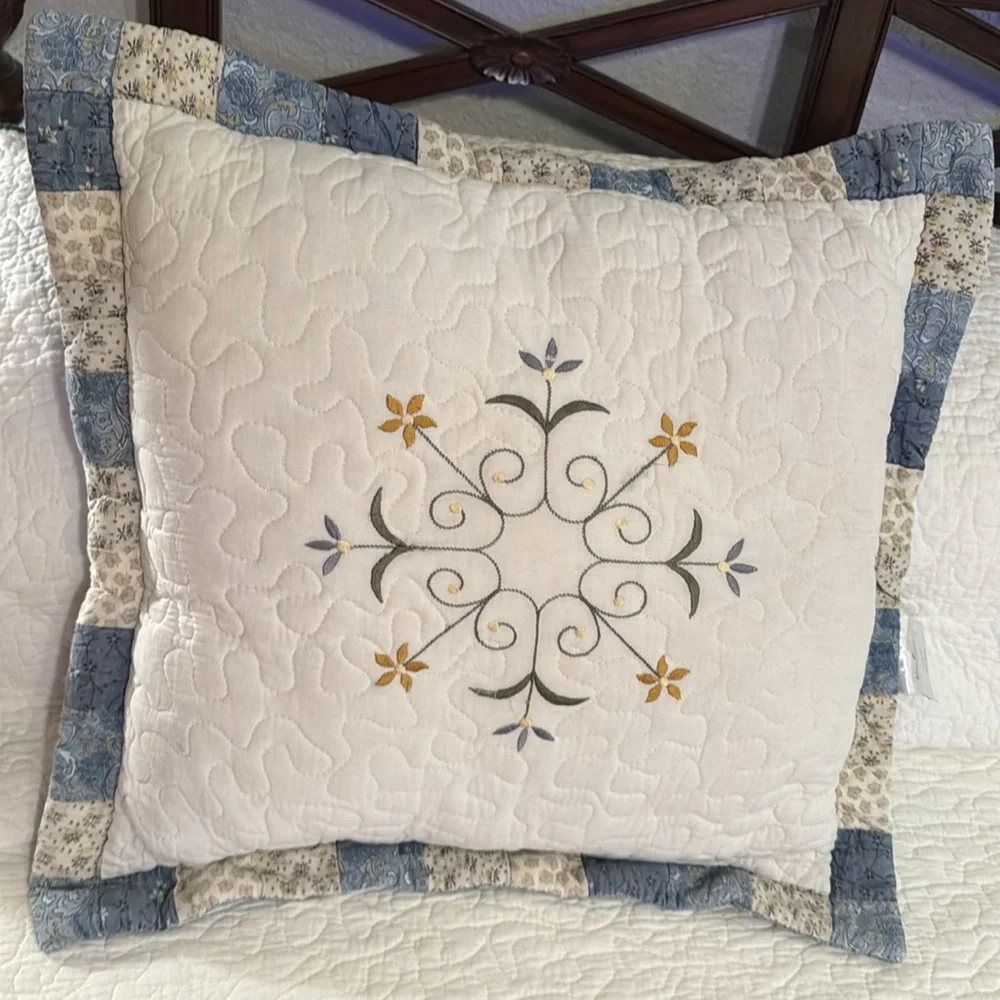 Pillows Set of 3 Cream and Blue Quilted Accent Pillows with Elegant Embroidery